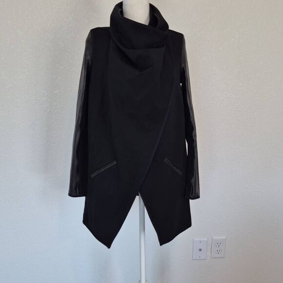 SPANX Faux Leather Convertible Black Coat Drape Front Jacket Size XS - Picture 1 of 9